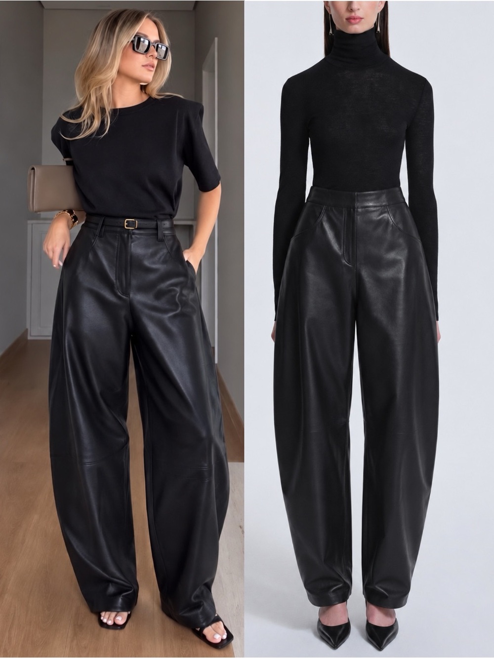 Zara ZW Collection Limited Edition Sheep Leather Barrel Pants Black M